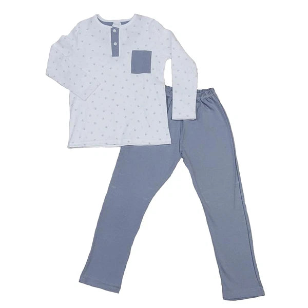 Babidu Huellas Button Pocket Shirt and Pant Pajama Set - Grey / Sky Blue - NEW