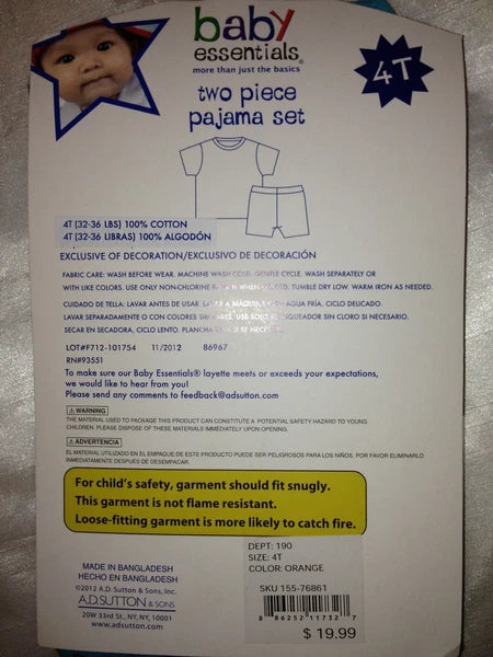 BABY ESSENTIALS TWO PIECE PJ SET  BABY BOY TODLER 100% COTTON