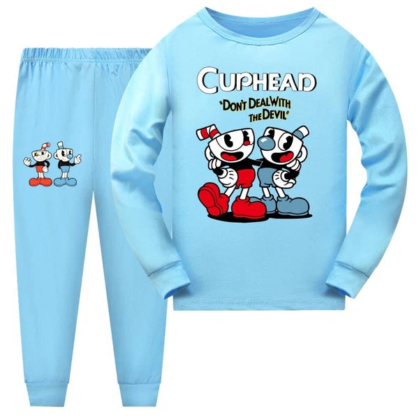 Children's Red Blue Teacup Print Casual Long Sleeve Trousers Pajamas Suit Trend