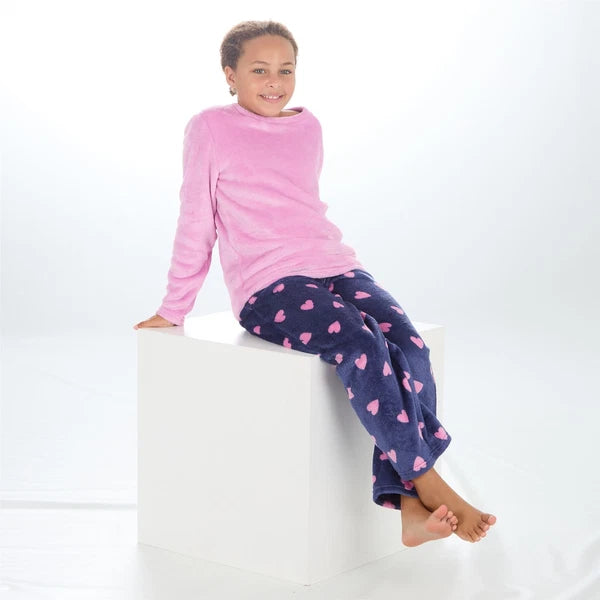 Girls Kids Fleece Pyjamas Check/Hearts Pyjama Set Childs PJs Age 9-13 Years