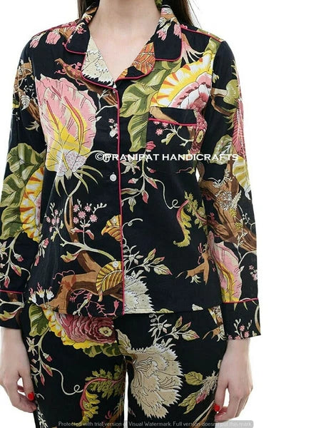 Indian Floral Print Cotton Black Women Night wear Boho Top-Pajama set Sleepwear