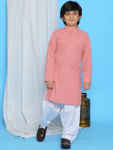 Kids Ethnic Mirror Work Cotton Kurta Pyjama Set/Party Wear Chikankari Kurta