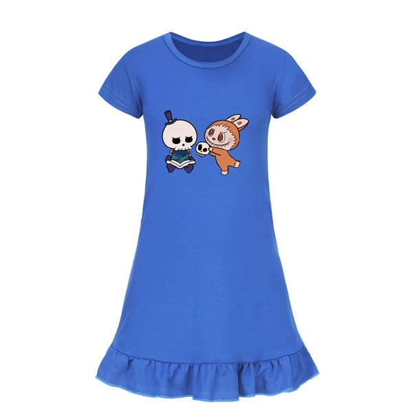 Cartoon Print Girl's Short-Sleeved Pajamas Home Clothes Nightdress Skirt New Hot