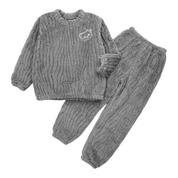 Kids Pajamas Set Flannel Sleepwear Bear Tops Pullover with Plush Pants Trousers