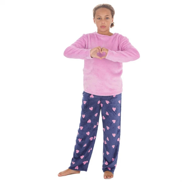 Girls Kids Fleece Pyjamas Check/Hearts Pyjama Set Childs PJs Age 9-13 Years