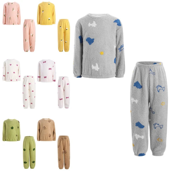 Kids Pyjamas Fleece Nightwear Elastic Waist Pyjama Set Warm 2 Piece-