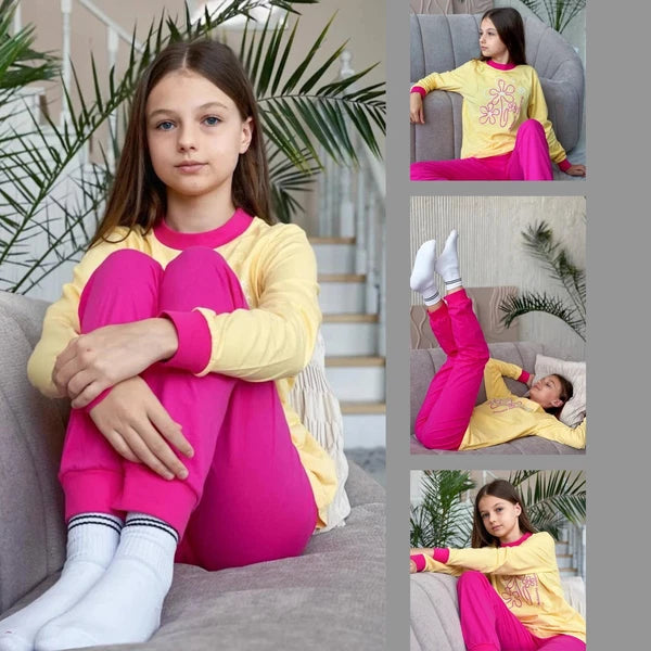 Girls’ Pajama Set – Soft Cotton Knit, Long Sleeve Top & Elastic Waist Pants, ...