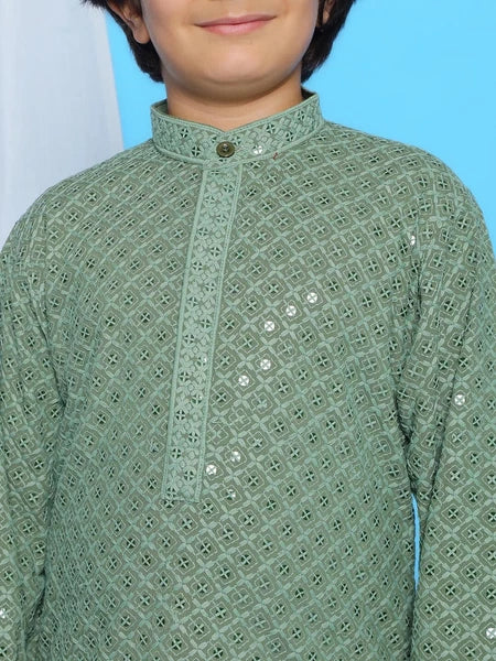 Kids Ethnic Mirror Work Cotton Kurta Pyjama Set/Party Wear Chikankari Kurta