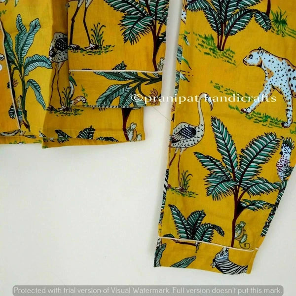 Indian Animal Printed Cotton Yellow Hippie Women Gypsy Sleepwear Boho Pajama set
