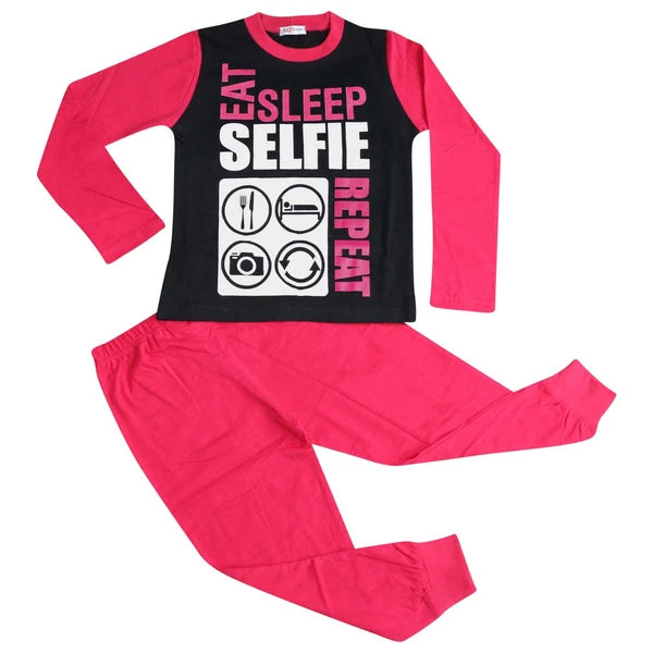 Kids Girls Pink Pajamas Designer Eat Sleep Selfie Repeat Lounge Wear PJS 2-13 Yr