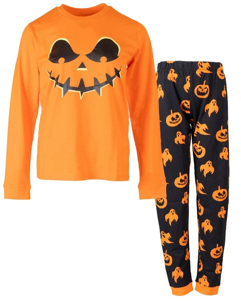 Kids Halloween Pyjamas Set Boys Girls Pumpkin Orange Spider Nightwear Top Bottom