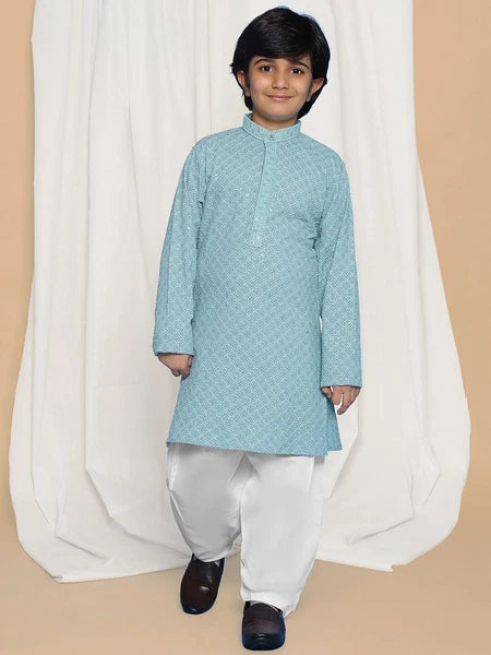 Kids Ethnic Mirror Work Cotton Kurta Pyjama Set/Party Wear Chikankari Kurta