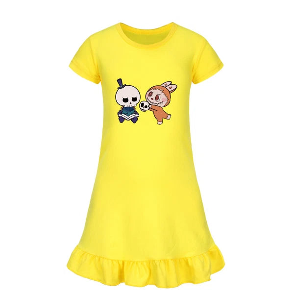 Cartoon Print Girl's Short-Sleeved Pajamas Home Clothes Nightdress Skirt New Hot