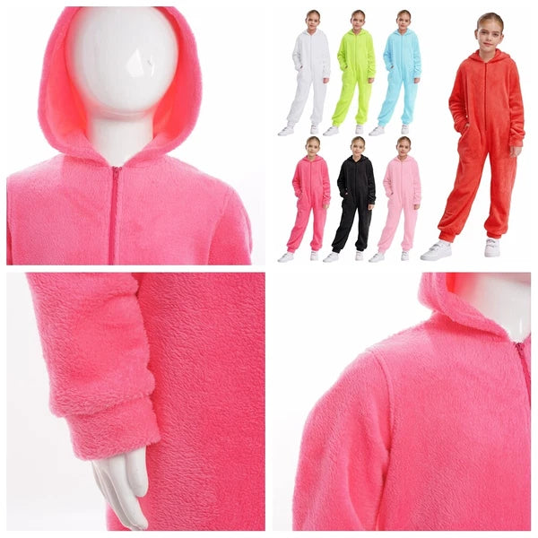 Unisex Kids Fleece Hooded Jumpsuit for Boys Girls Zip-up One Piece Pjs Sleepwear