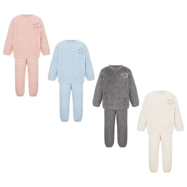 Kids Pajamas Set Flannel Sleepwear Bear Tops Pullover with Plush Pants Trousers