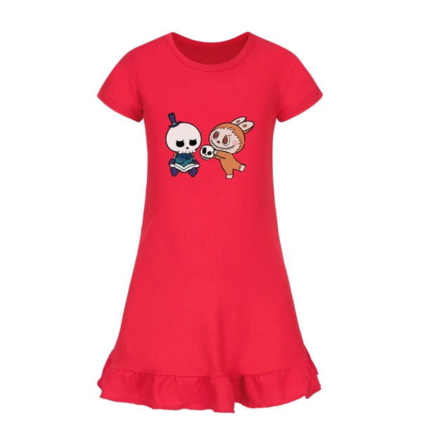 Cartoon Print Girl's Short-Sleeved Pajamas Home Clothes Nightdress Skirt New Hot