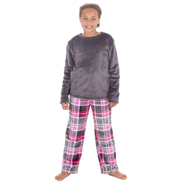 Girls Kids Fleece Pyjamas Check/Hearts Pyjama Set Childs PJs Age 9-13 Years
