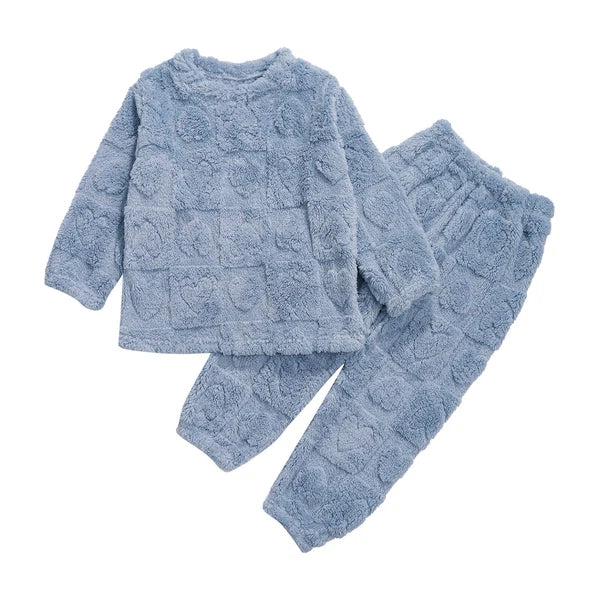 Kids Boys Girls Homewear Round Neck Tops With Pants Solid Color Pajamas Set