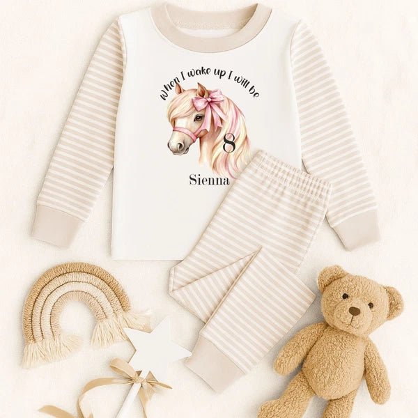 Personalised Children's When I Wake Up I Will Be 1,2,3,4,5 Age Horse Bow Pyjamas