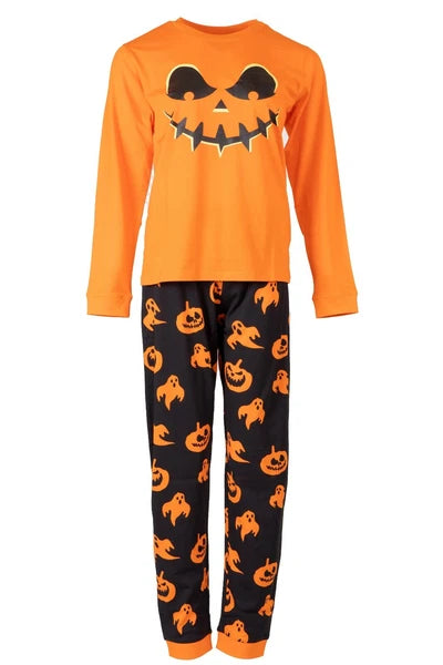 Kids Halloween Pyjamas Set Boys Girls Pumpkin Orange Spider Nightwear Top Bottom
