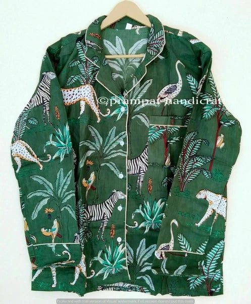 Indian Animal Printed Cotton Green Hippie Women Gypsy Sleepwear Boho Pajama set