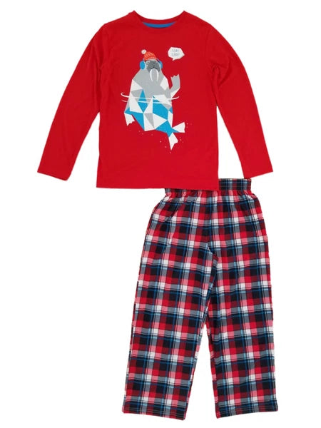 Boys 2-Piece Red & Plaid Stay Cool Walrus Sleepwear Pajama Set Medium