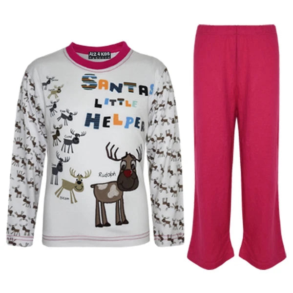 Kids Girls Pink "SANTAS LITTLE HELPER" Christmas Pyjamas Reindeer Rudolph Pjs