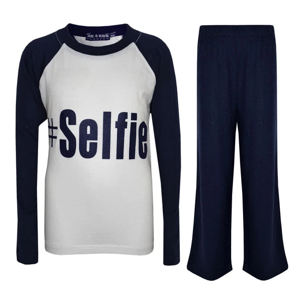 Kids Boys PJ's " #SELFIE " Printed Stylish Navy Pyjamas Loungewears 5-13 Years