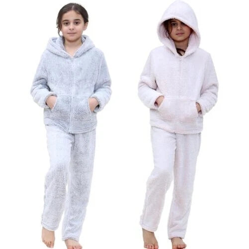 Kids Boys Girls Plain Pyjama Extra Soft Zipped Top Flannel Fleece PJS Outfit Set