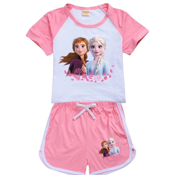 Popular frozen girl short sleeved T-shirt top shorts casual pajama set gift
