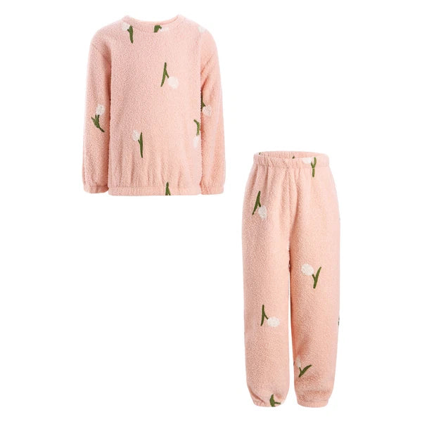 Kids Pyjamas Fleece Nightwear Elastic Waist Pyjama Set Warm 2 Piece-