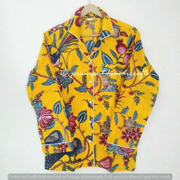 Indian Peacock Printed Cotton Yellow Hippie Women Gypsy Top-Pajama set Sleepwear