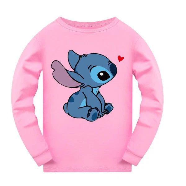 Stitch 5-13 Year Old Girls' Pajama Set, Boys' Cartoon Round Neck Long Sleeve Set