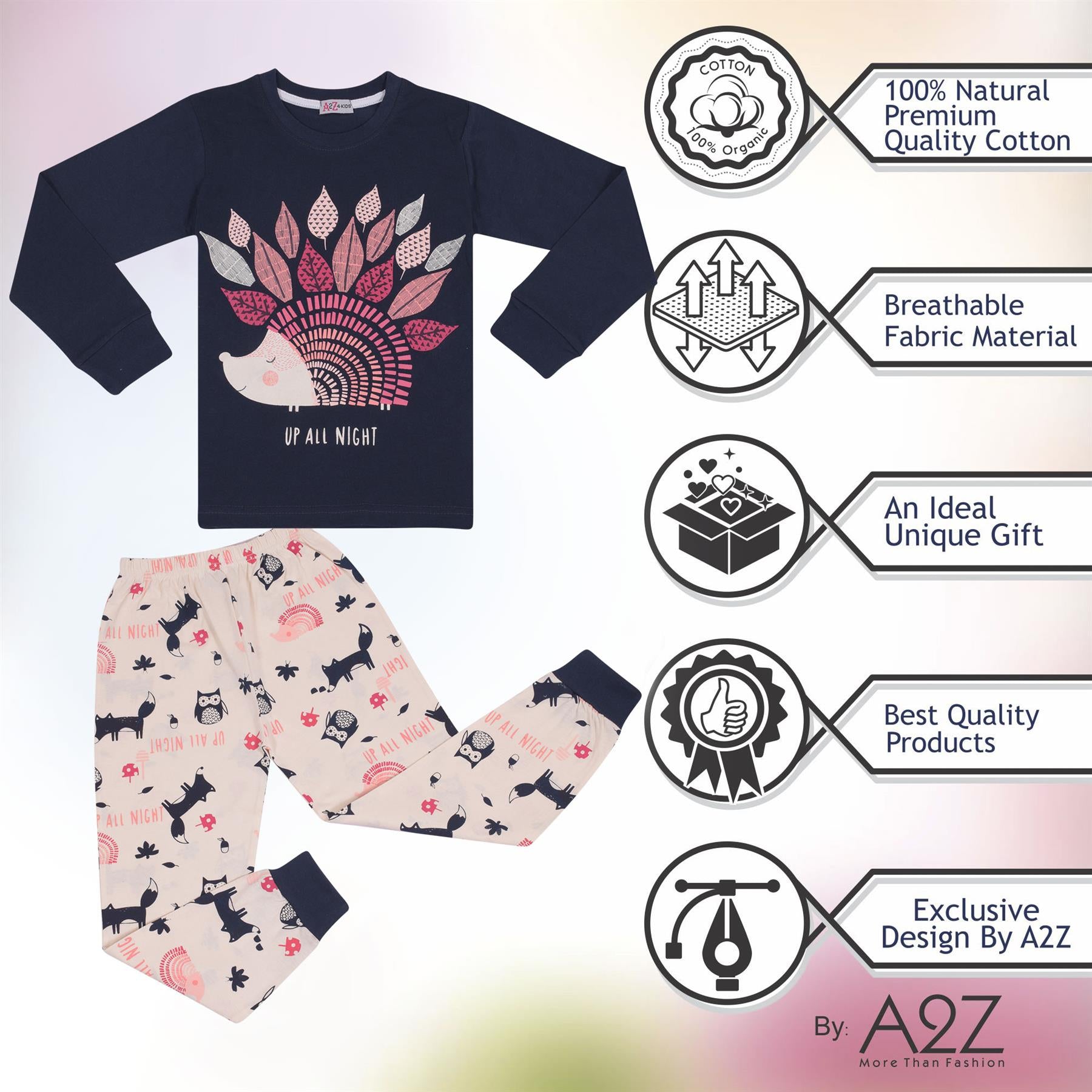 Kids Girls Pyjamas Navy Up All Night Print Contrast PJs Set Lounge Suit