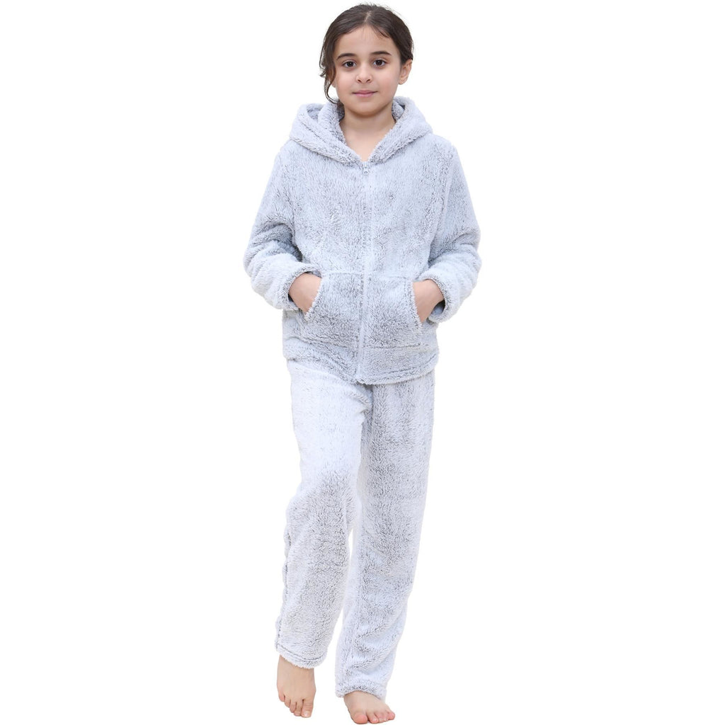 Kids Boys Girls Plain Pyjama Extra Soft Zipped Top Flannel Fleece PJS Outfit Set