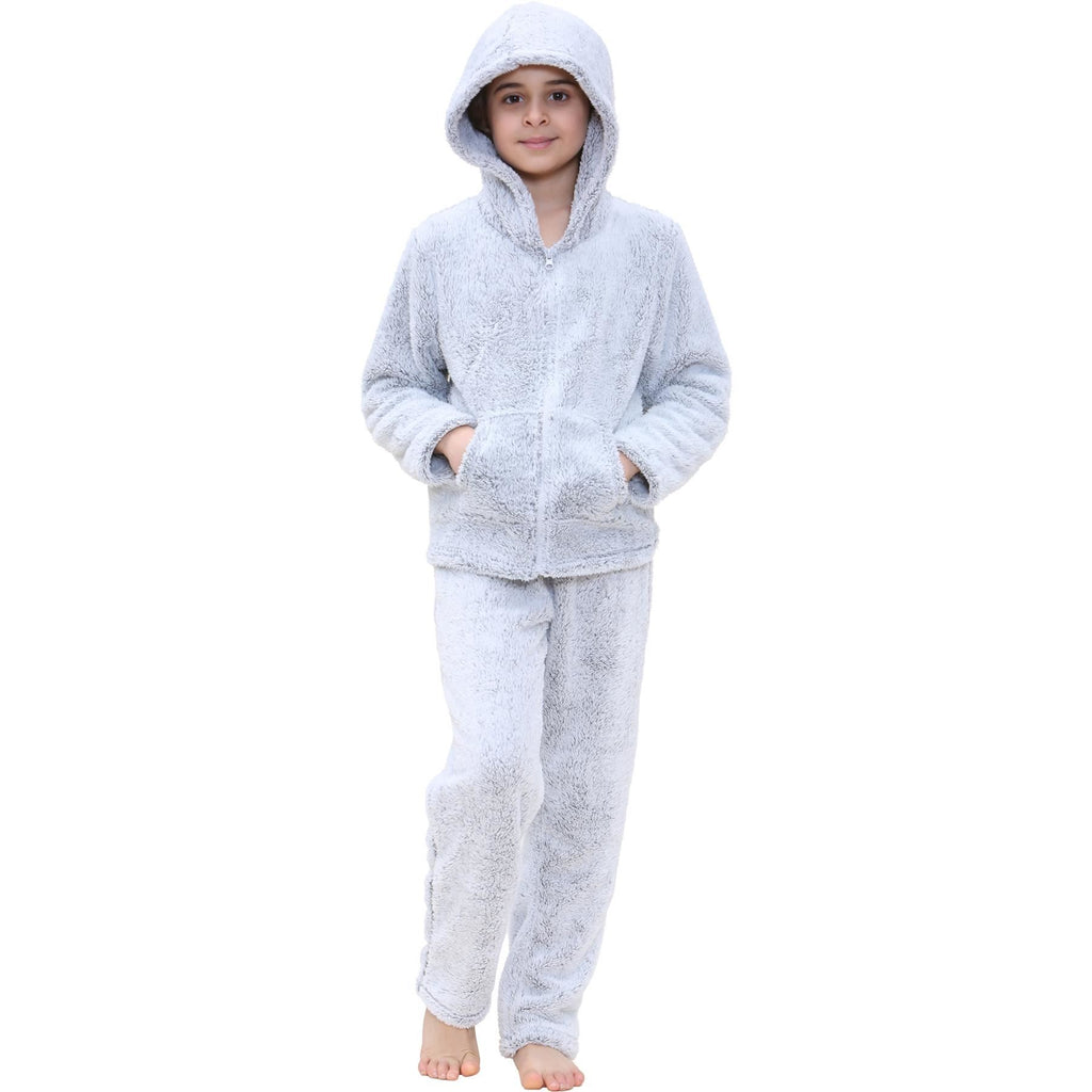 Kids Boys Girls Plain Pyjama Extra Soft Zipped Top Flannel Fleece PJS Outfit Set