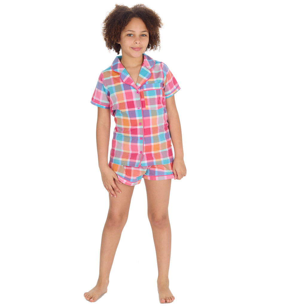 Kids Girls Checked Pyjamas Set 2-Piece Button Up Summer Holiday PJ's 9-13 Years
