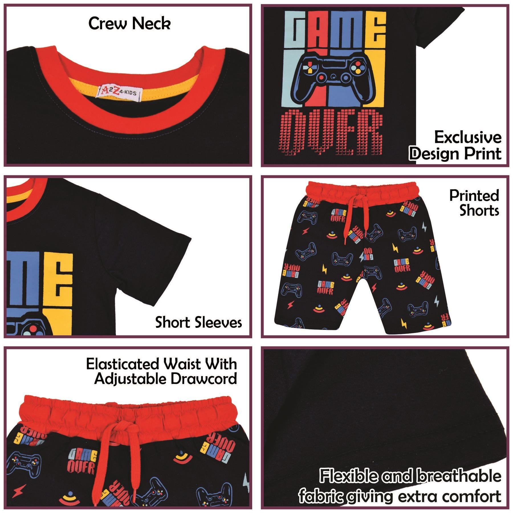 Kids Girls Boys Pyjamas Game Over Contrast Top Shorts 2 Piece PJS Sleepwear Set