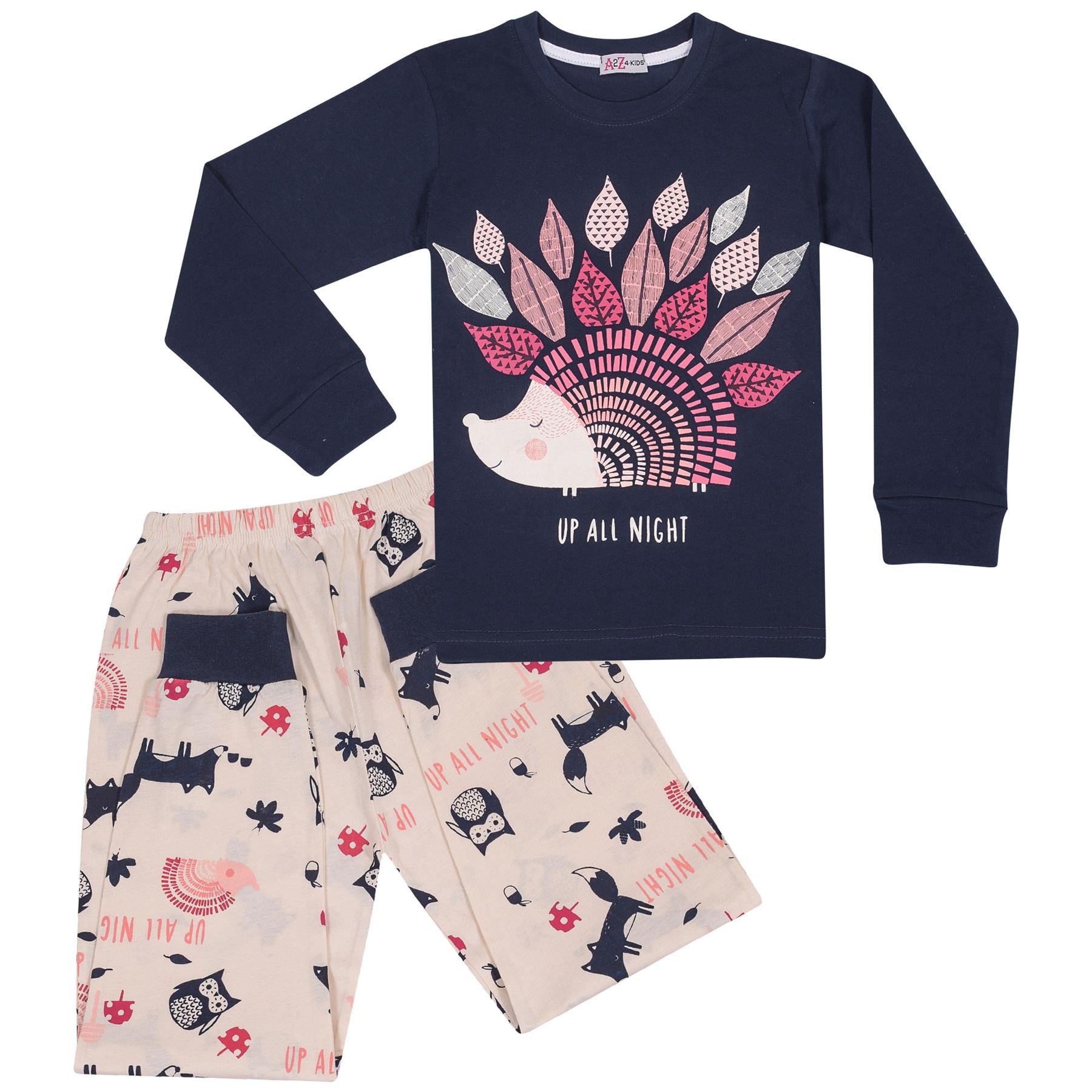 Kids Girls Pyjamas Navy Up All Night Print Contrast PJs Set Lounge Suit