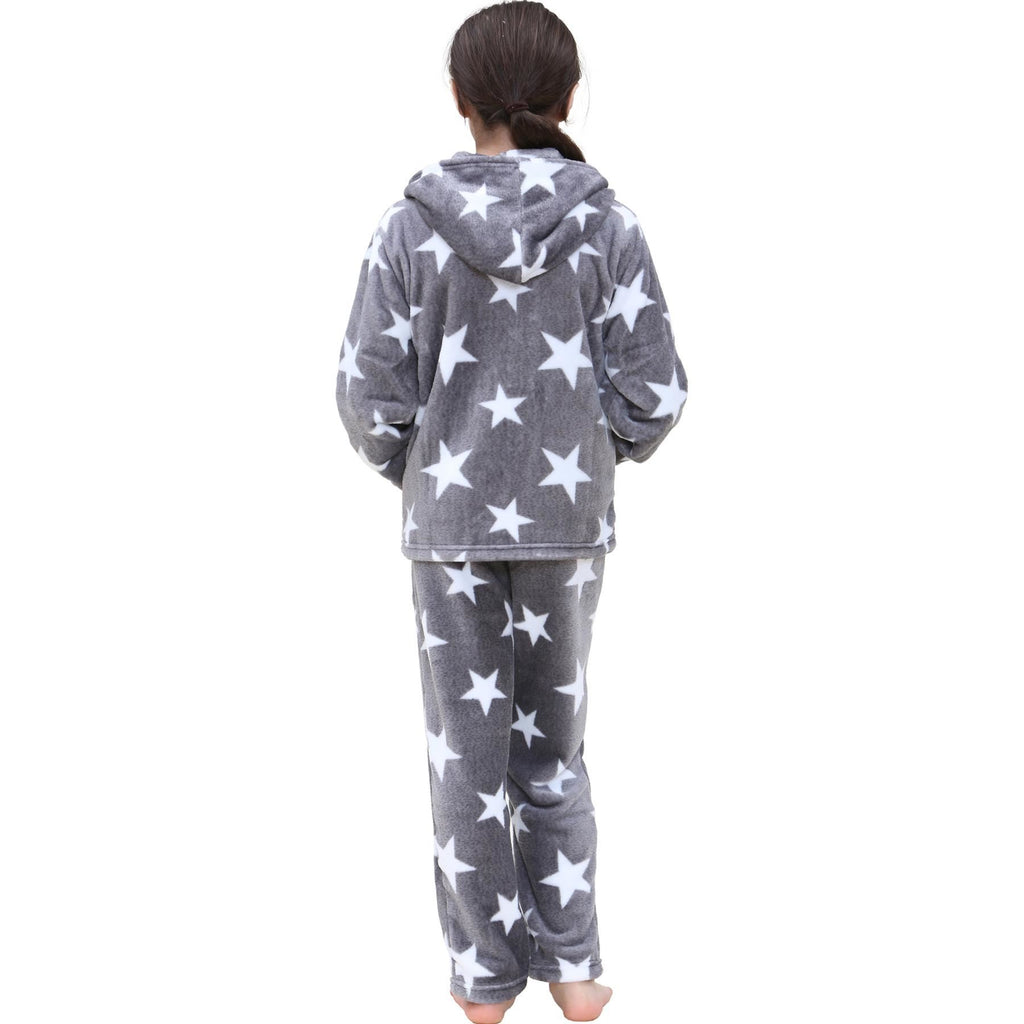 Kids Girls Stars Print Pyjama Extra Soft Zipped Flannel Fleece PJS Outfit Set