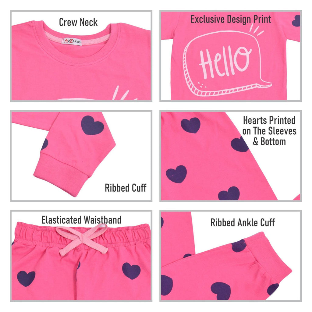 Kids Girls Hello Pyjamas Children Pink PJs 2 Piece Cotton Set Lounge Suit