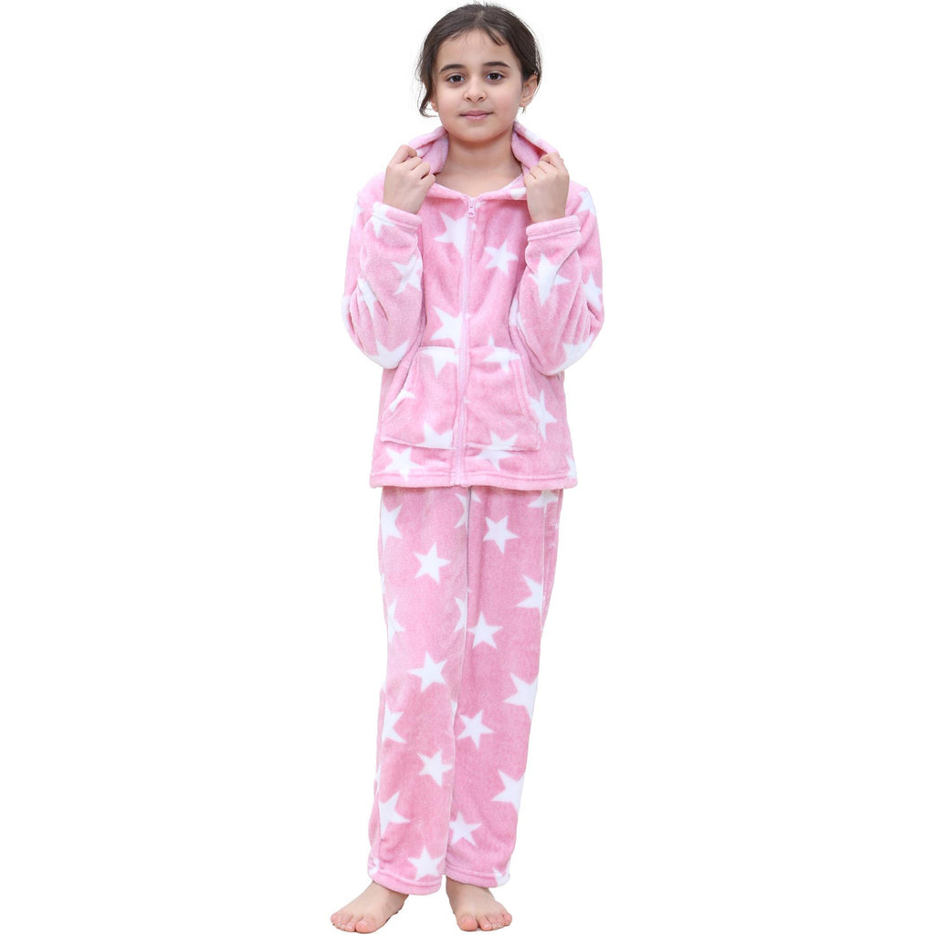 Kids Girls Stars Print Pyjama Extra Soft Zipped Flannel Fleece PJS Outfit Set