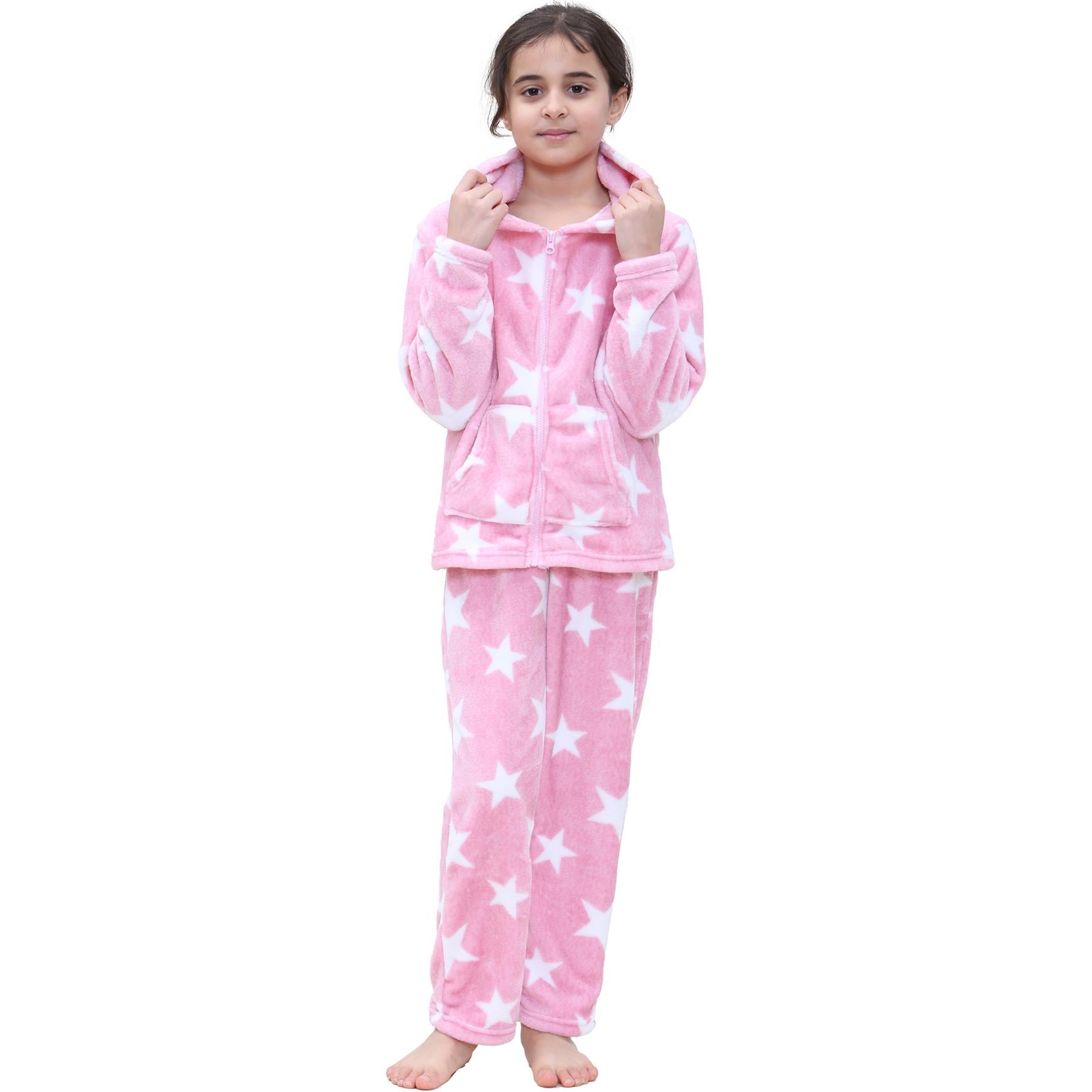 Kids Girls Stars Print Pyjama Extra Soft Zipped Flannel Fleece PJS Outfit Set