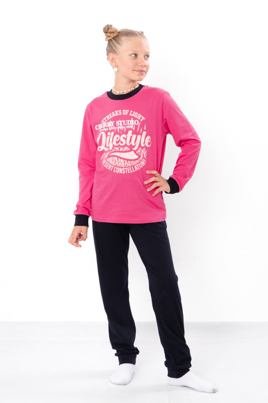 Girls’ Pajama Set – Soft Cotton Knit, Long Sleeve Top & Elastic Waist Pants, ...