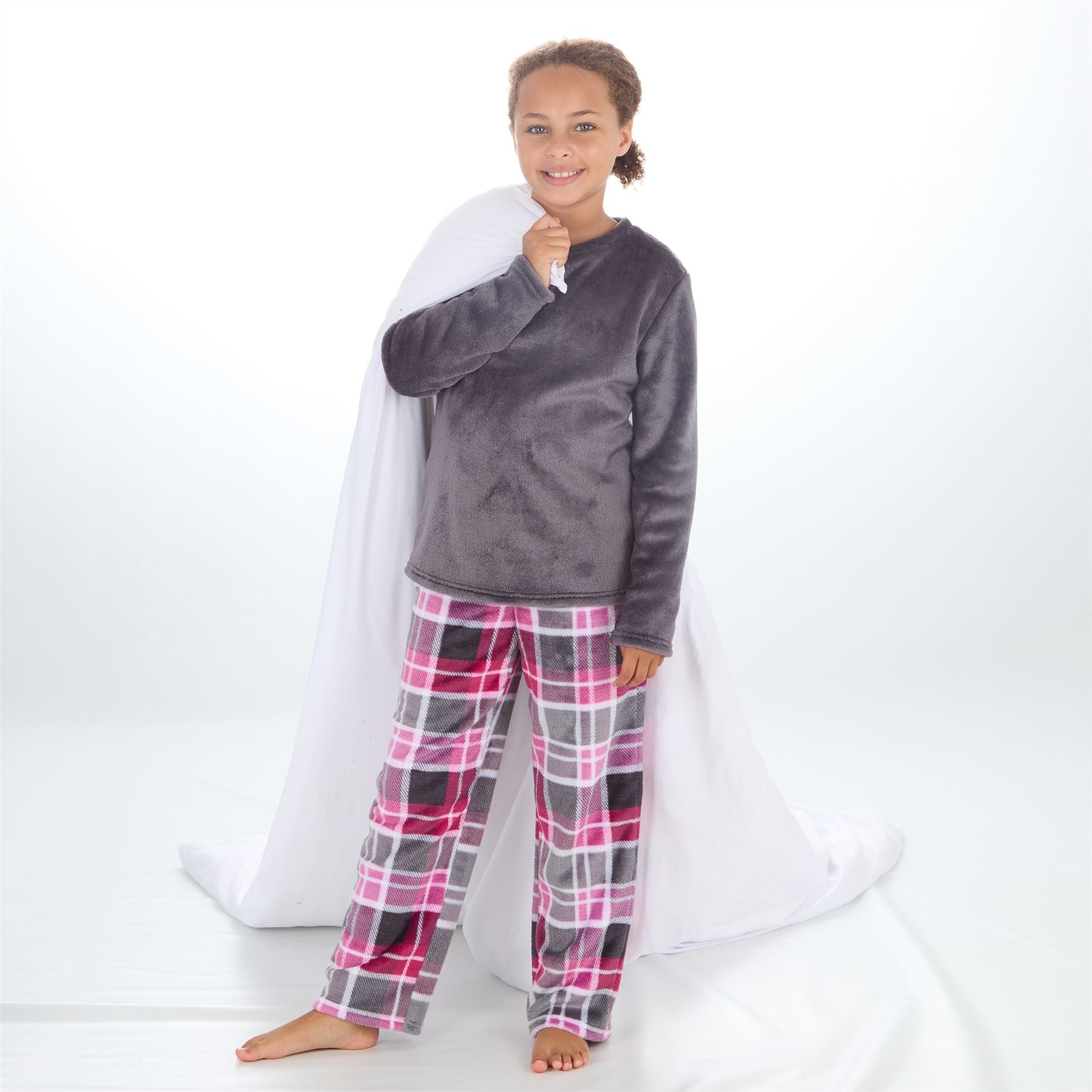 Girls Kids Fleece Pyjamas Check/Hearts Pyjama Set Childs PJs Age 9-13 Years