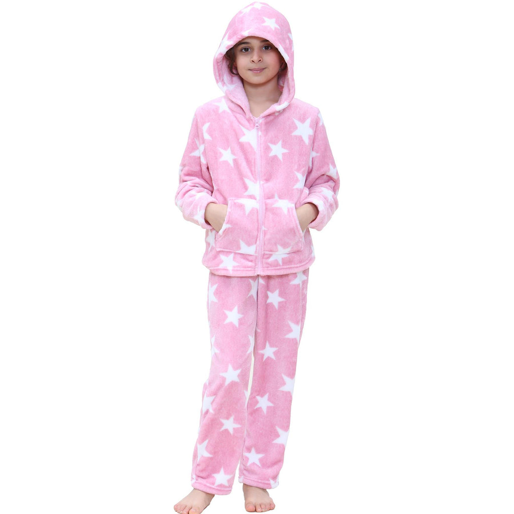 Kids Girls Stars Print Pyjama Extra Soft Zipped Flannel Fleece PJS Outfit Set
