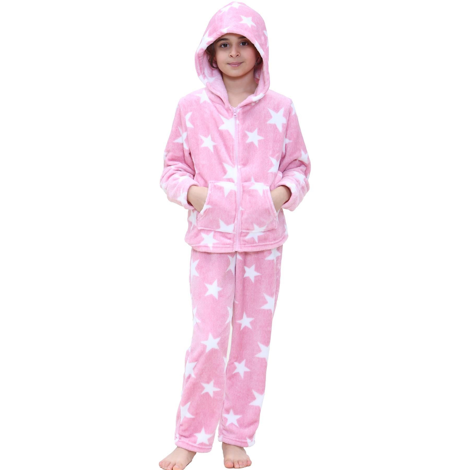 Kids Girls Stars Print Pyjama Extra Soft Zipped Flannel Fleece PJS Outfit Set