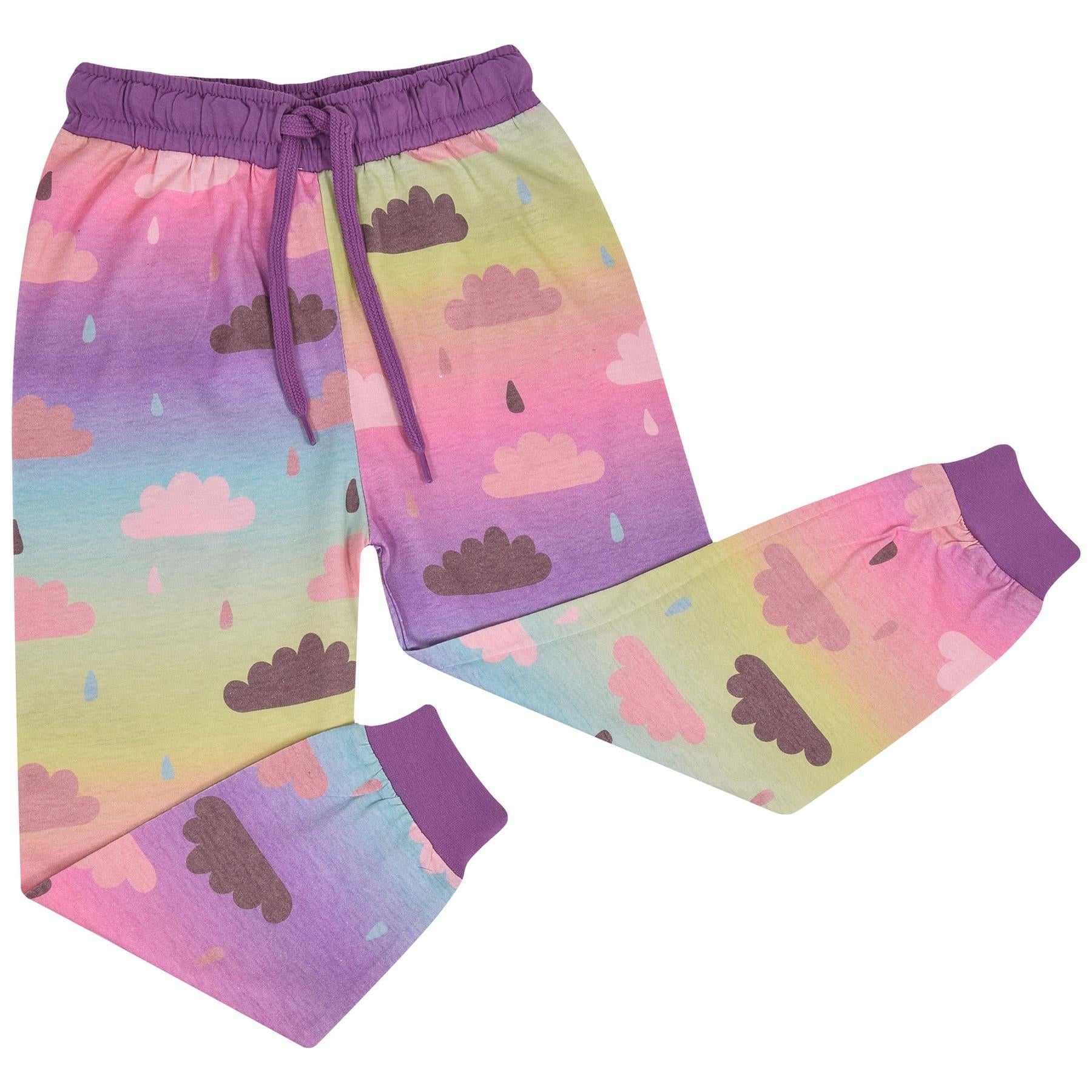 Kids Girls Pyjamas Cloud Print Contrast Top Bottom Rainbow Sleepwear Set 2-13 Yr