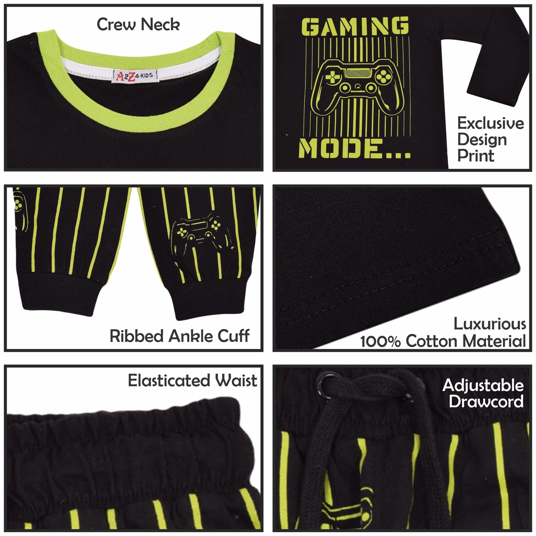A2Z 4 Kids Gaming Mode Lime Pyjama Set Contrast T Shirt Sleepwear Pyjamas