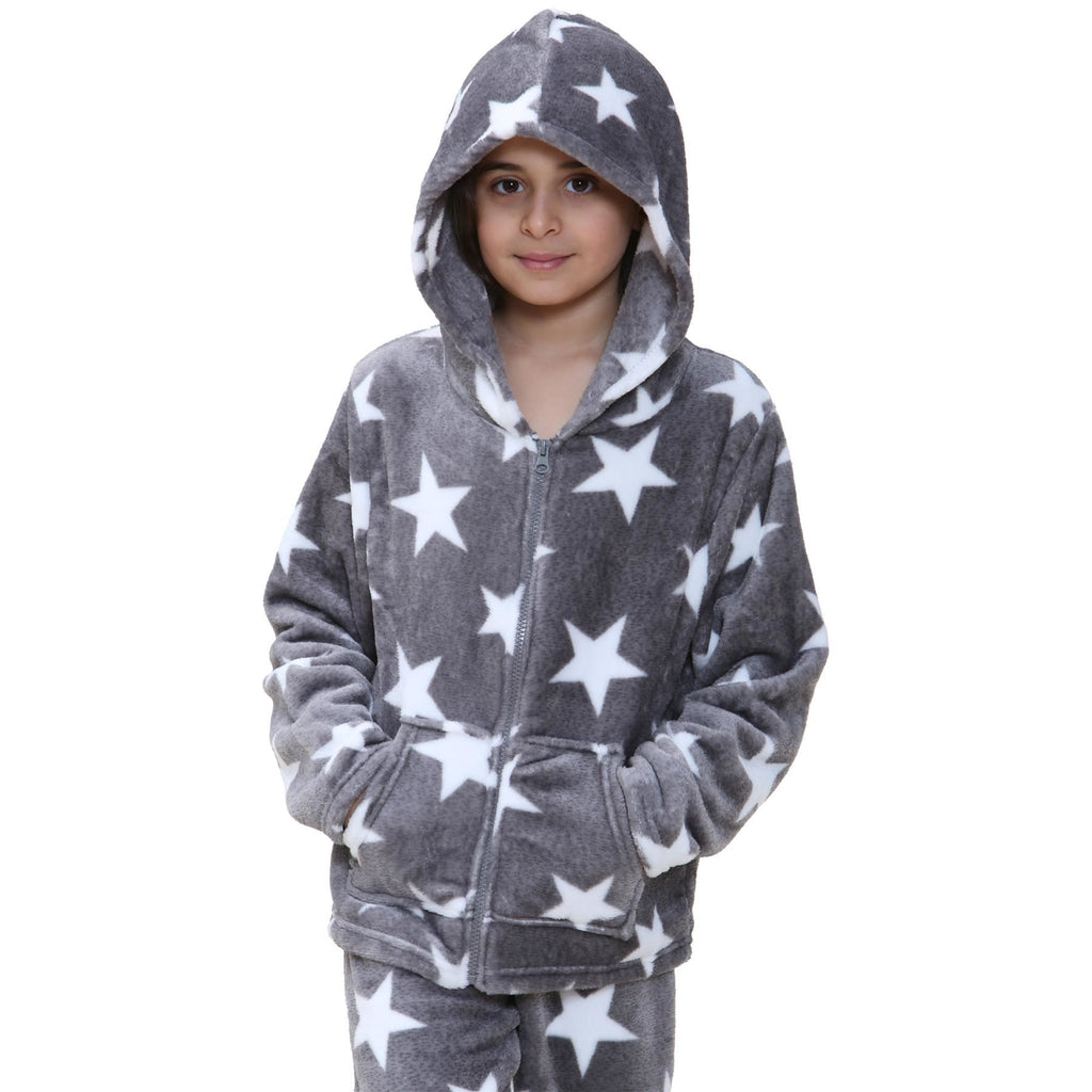 Kids Girls Stars Print Pyjama Extra Soft Zipped Flannel Fleece PJS Outfit Set
